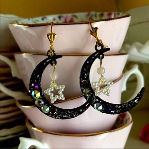 Lunar Over the Moon in Love Valentines Sparkling Black Crescent Earrings